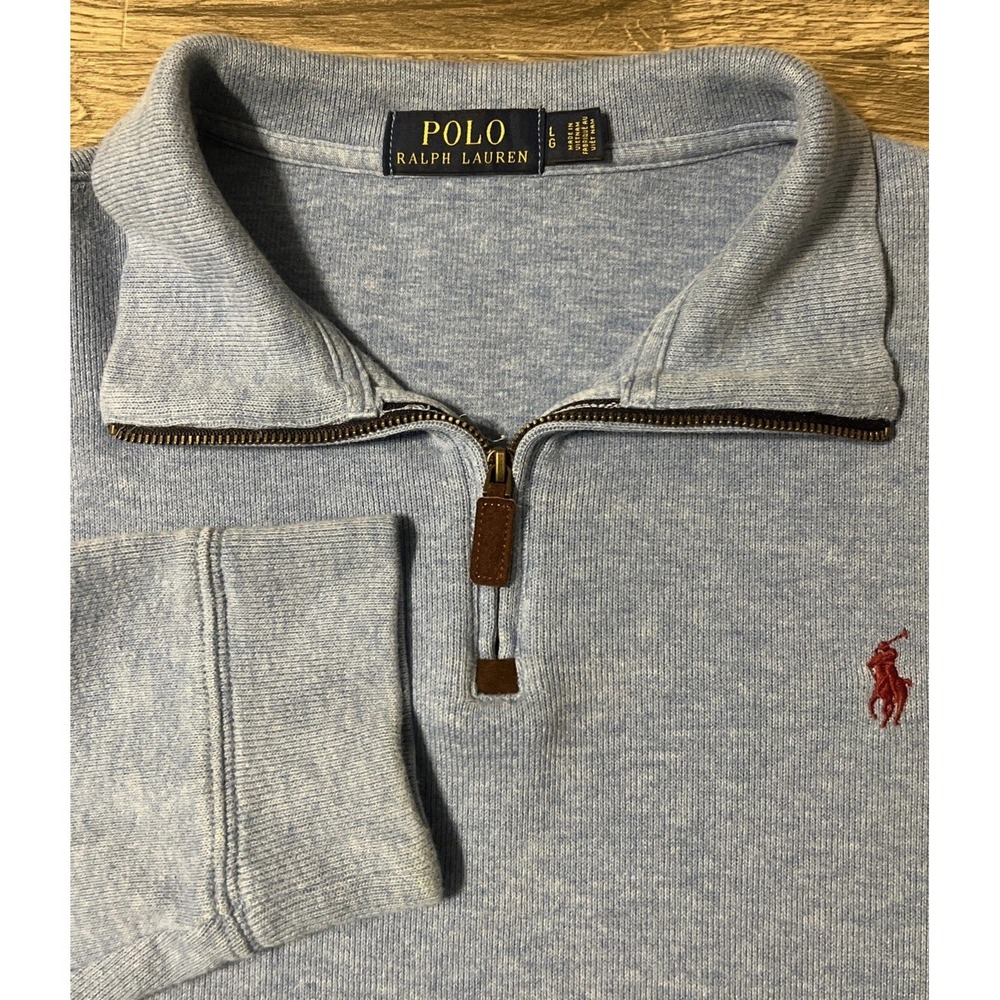 Polo Ralph Lauren 1/4 Zip Baby Blue Heather Pullover Sweater Size Large Red Pony